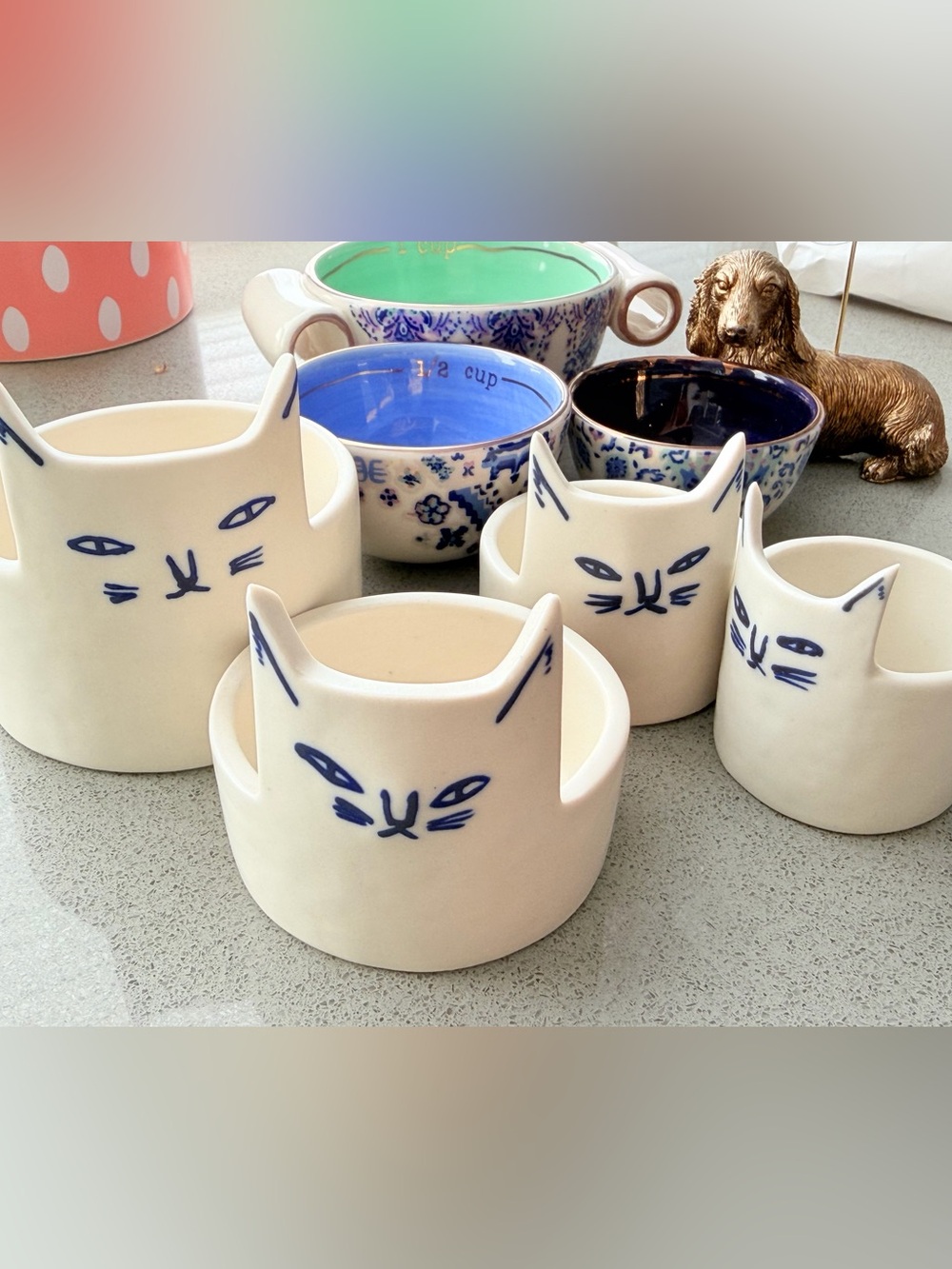 Ceramic Cat Face Ring Dish & Mini Cups Set in Blue on White